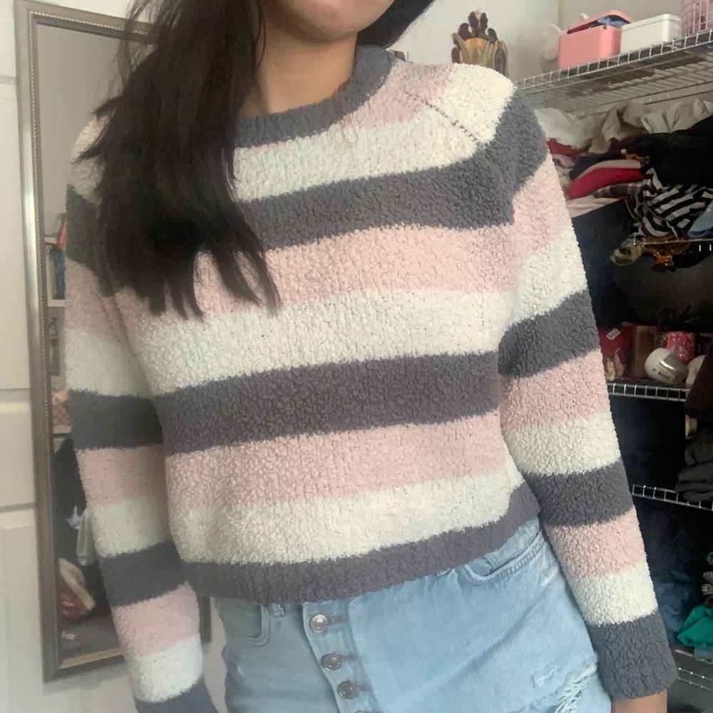 Deep Sugar striped pink fuzzy sweater
